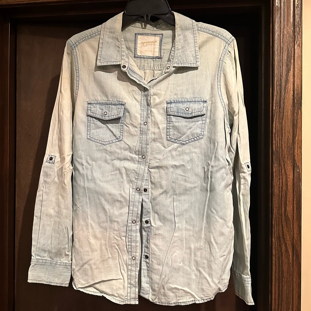 Faded Worn Light Denim Snap Shirt